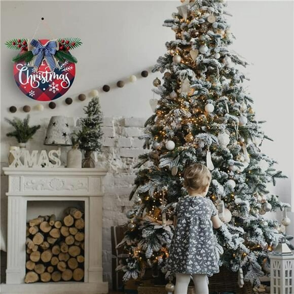 Merry Christmas Wreath for Front Door Buffalo Plaid Christmas Decorations - Picture 2 of 6